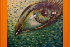 Malba oka na desce ve žlutém rámu. Více <a href="http://malebno.cz/v-hlavni-roli-zelena-dve-nove-malby-akrylem/">ZDE </a>