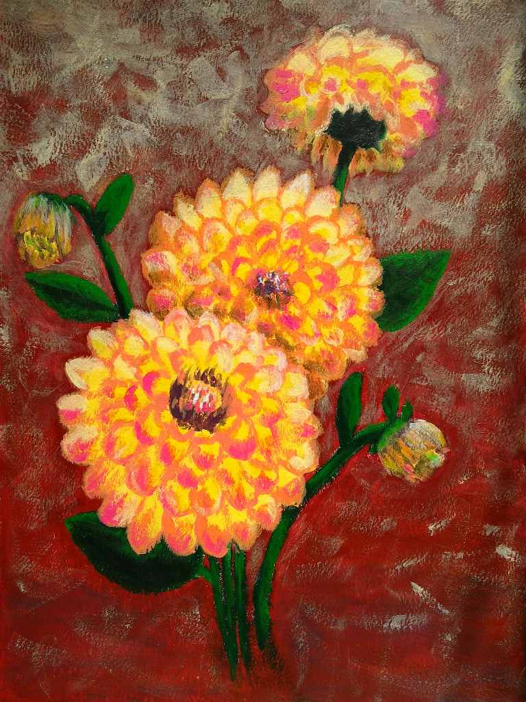Malba zátiší s květinami jiřinami akrylem.