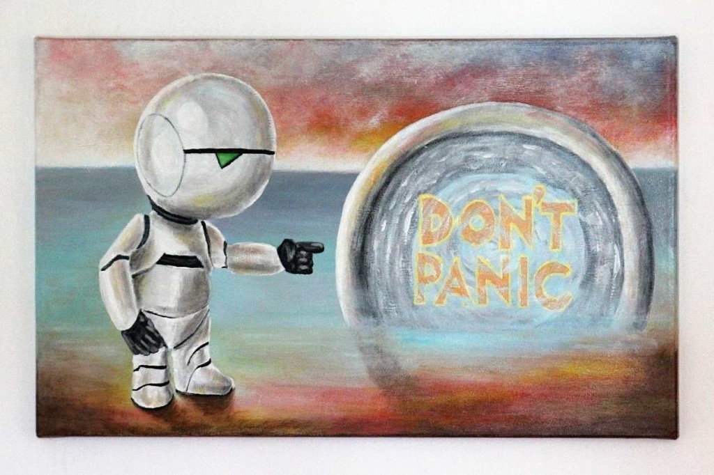 Malba Terezy Preislerové - Nepropadejte panice, inspirované knihou a filmem Stopařův průvodce po galaxii od Douglase Adamse